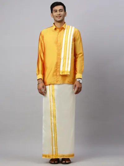 Men Full Sleeves Golden Yellow Shirt with Matching Border Cream Dhoti & Towel Set K6